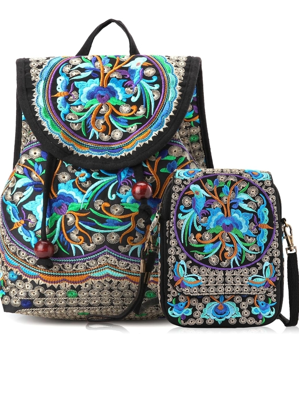 💙 Embroidered Boho Black & Blue Floral Backpack and Crossbody Purse 2pc